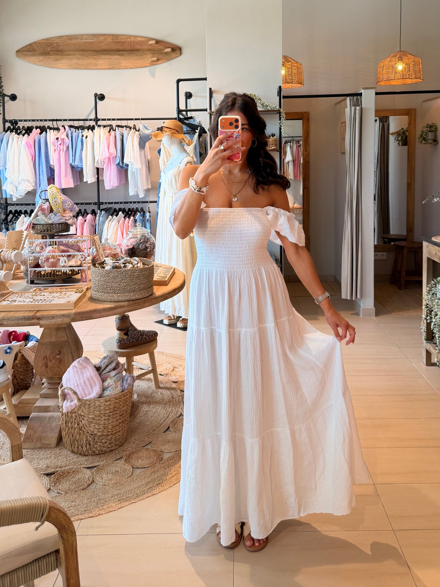 Maxi Musselin Kleid mit Volants und Flügelärmel Weiß