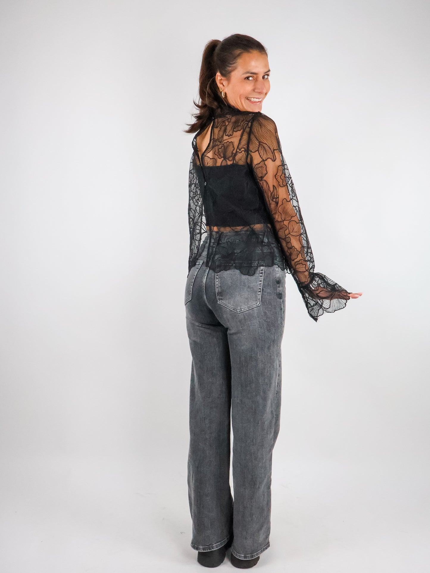 Spitzenbluse mit offenem Rücken Schwarz