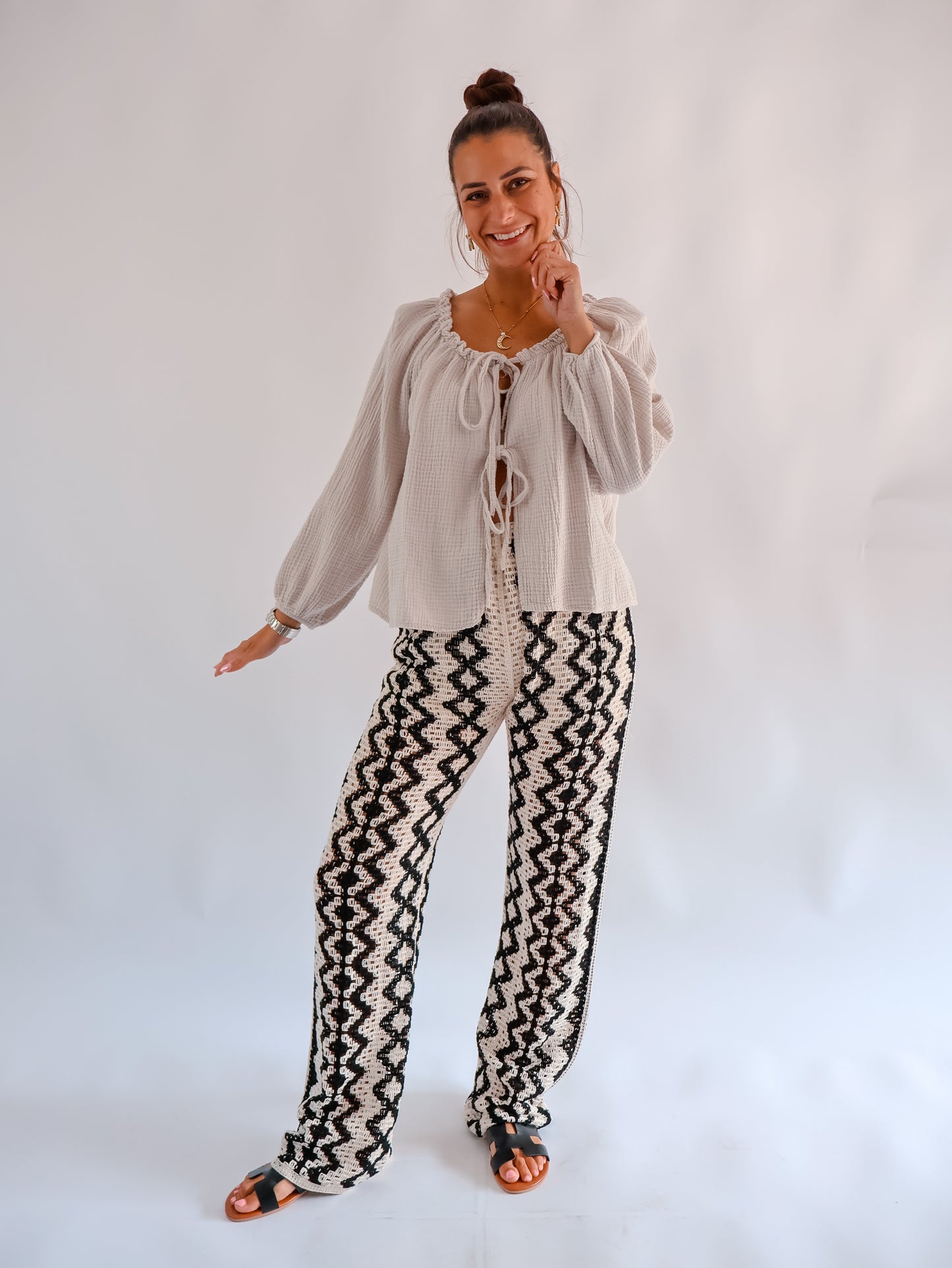 Boho Hose Creme-Schwarz