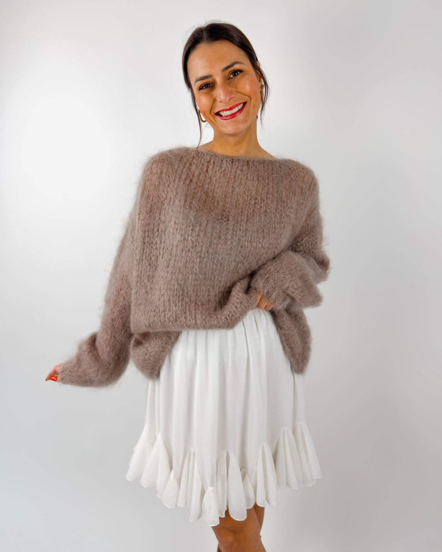 Premium Mohair Schleifen Strickjacke Taupe