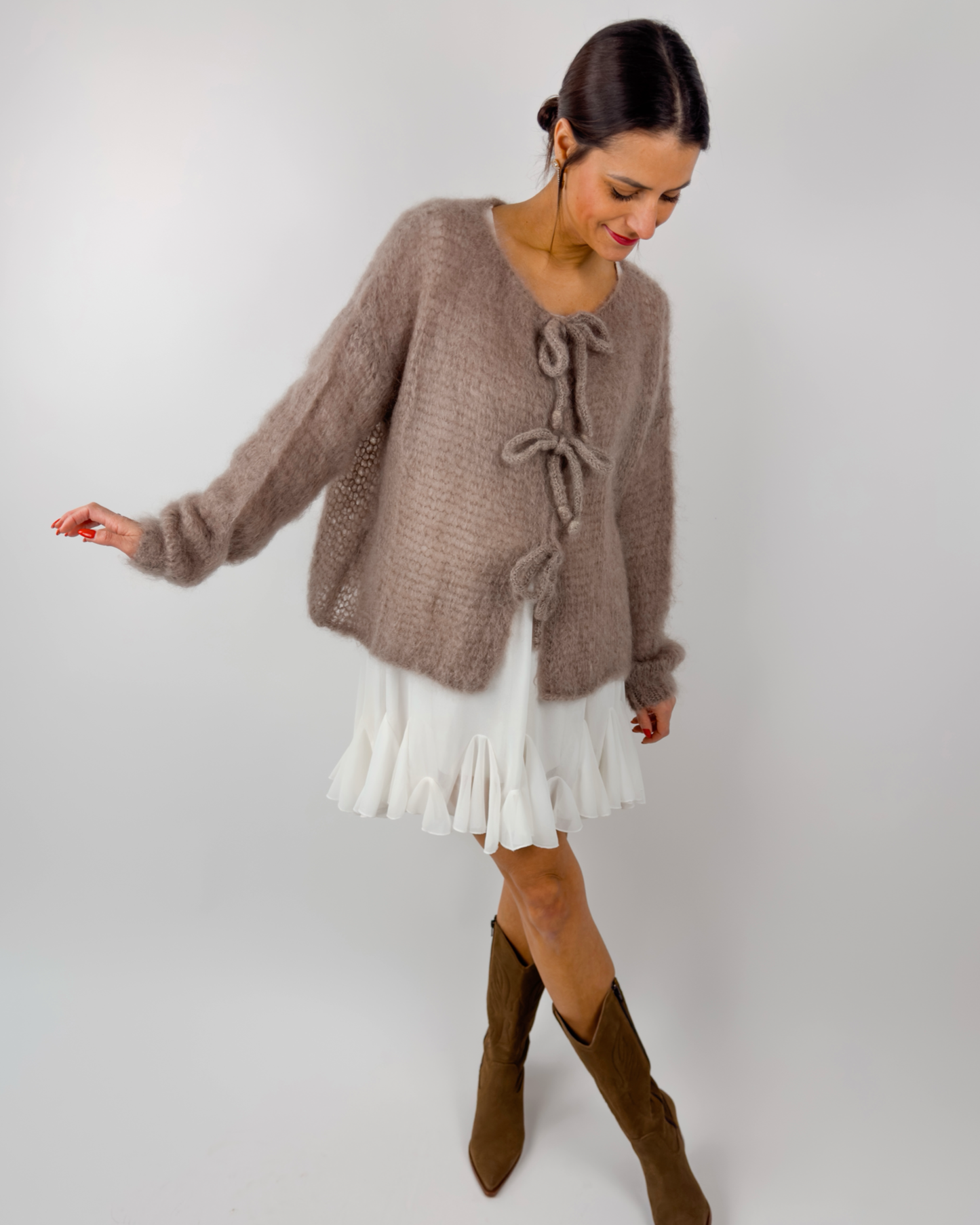 Premium Mohair Schleifen Strickjacke Taupe