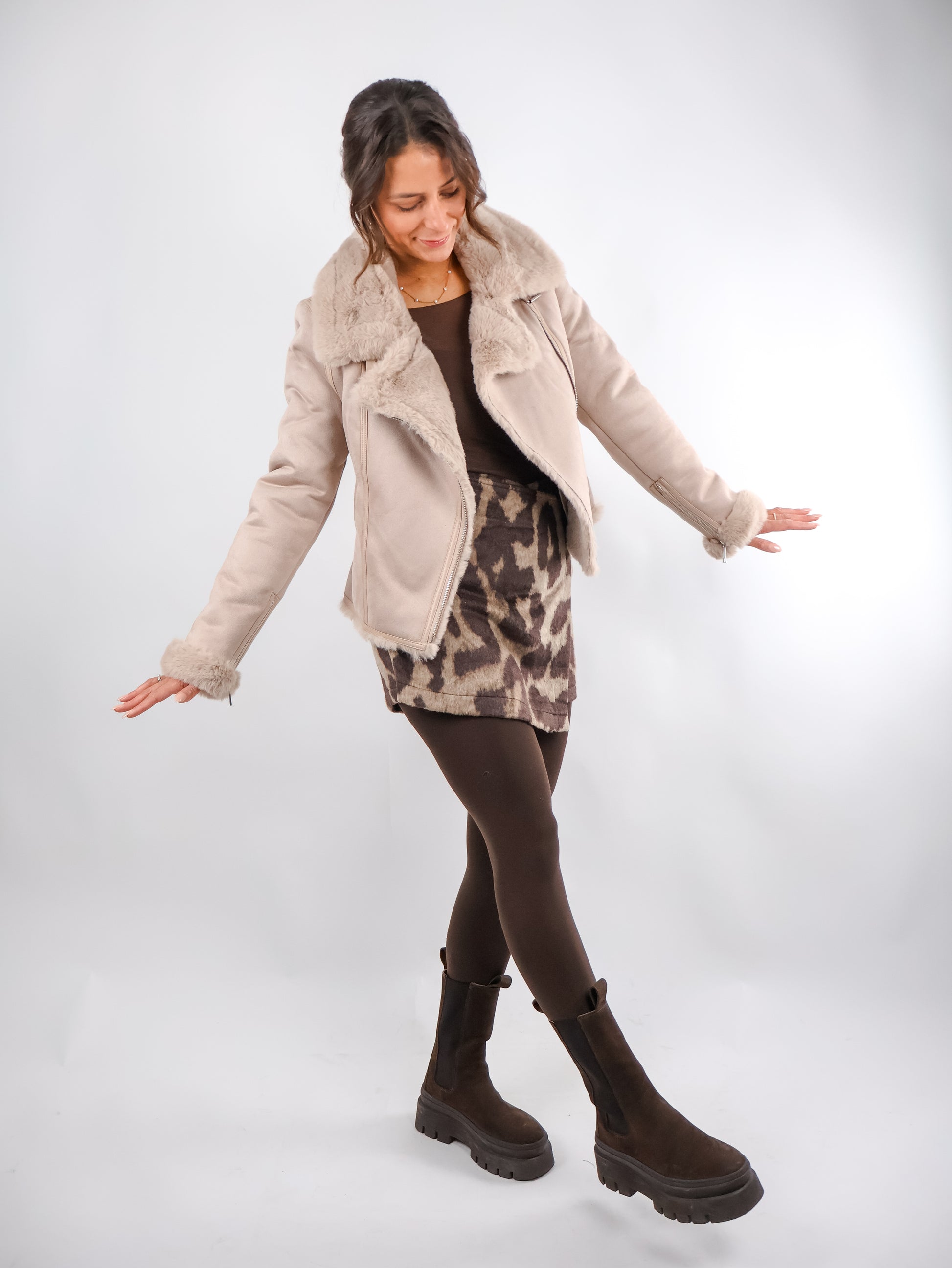 Rino & Pelle Bacia Faux Fur Biker Jacke Oat