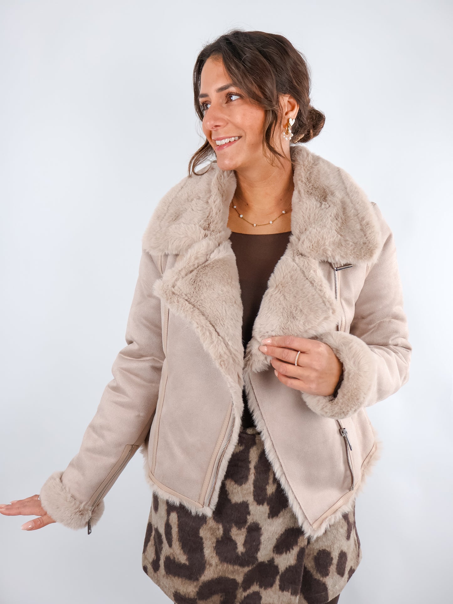 Rino & Pelle Bacia Faux Fur Biker Jacke Oat