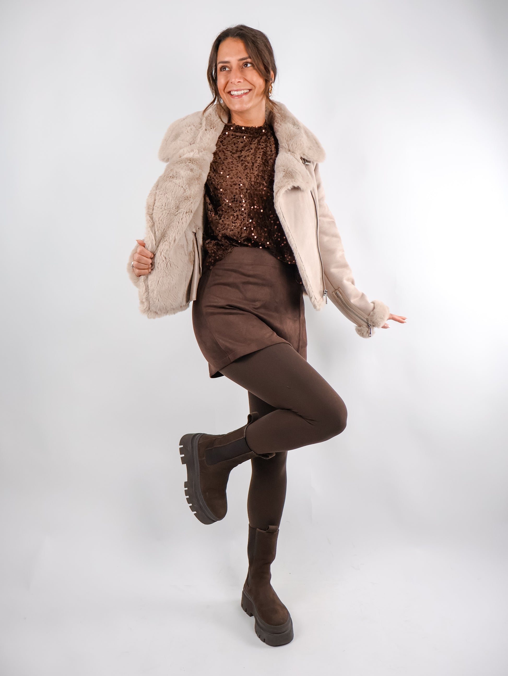 Rino & Pelle Bacia Faux Fur Biker Jacke Oat