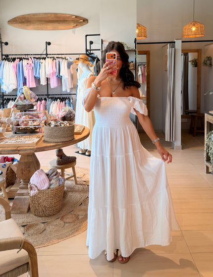 Maxi Musselin Kleid mit Volants und Flügelärmel Weiß