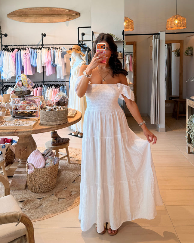 Maxi Musselin Kleid mit Volants und Flügelärmel Weiß