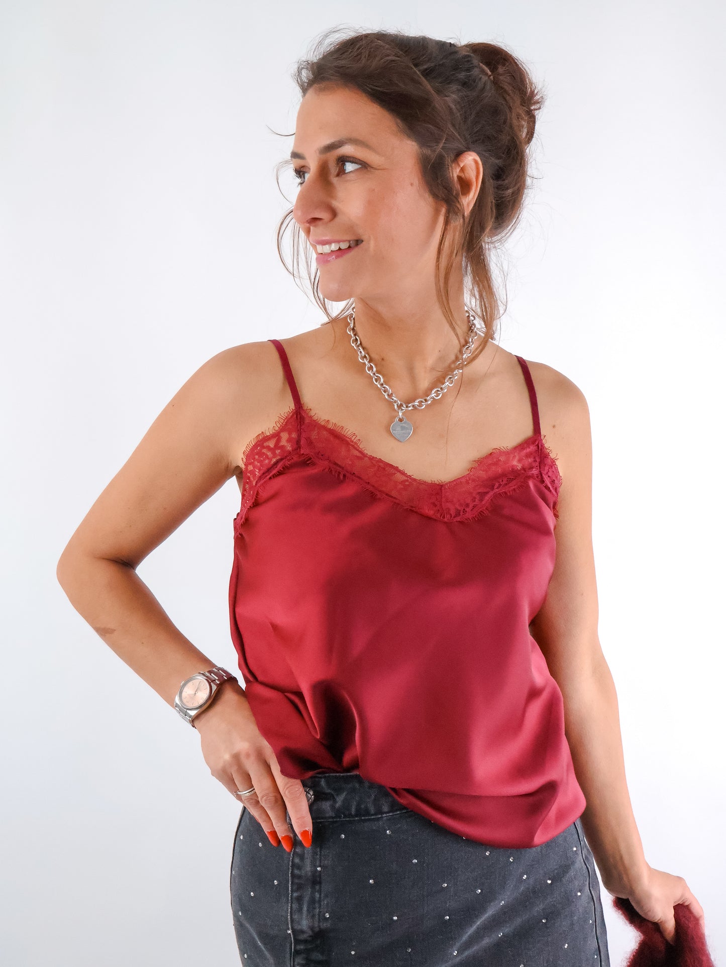 Satin Spitzentop Bordeaux