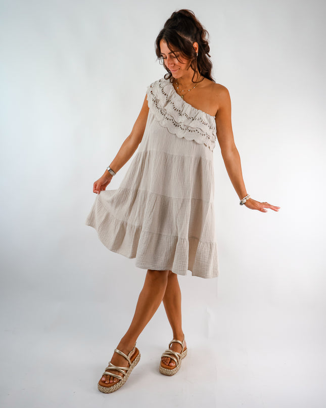 Oneshoulder Musselin Kleid Beige