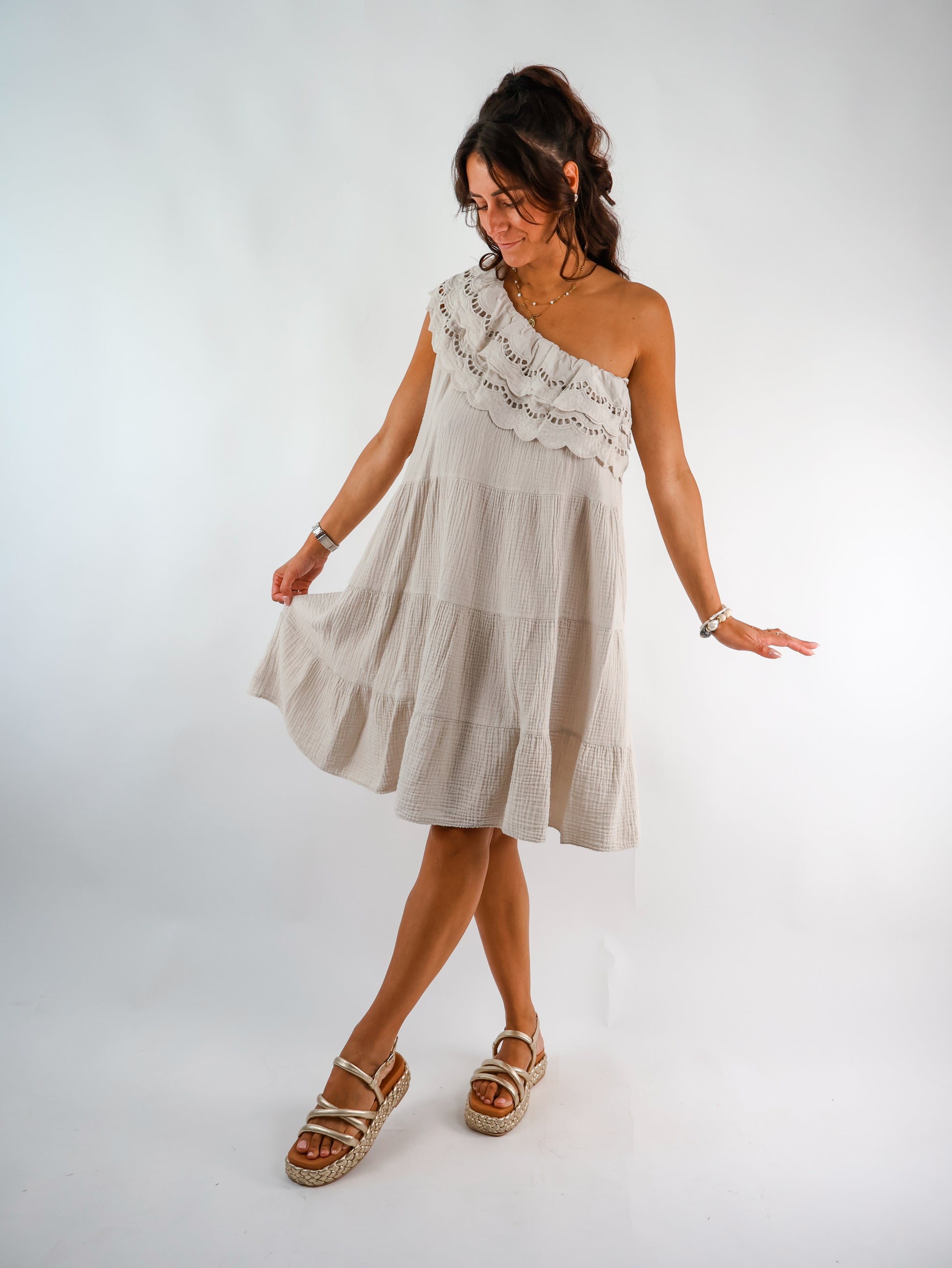Oneshoulder Musselin Kleid Beige