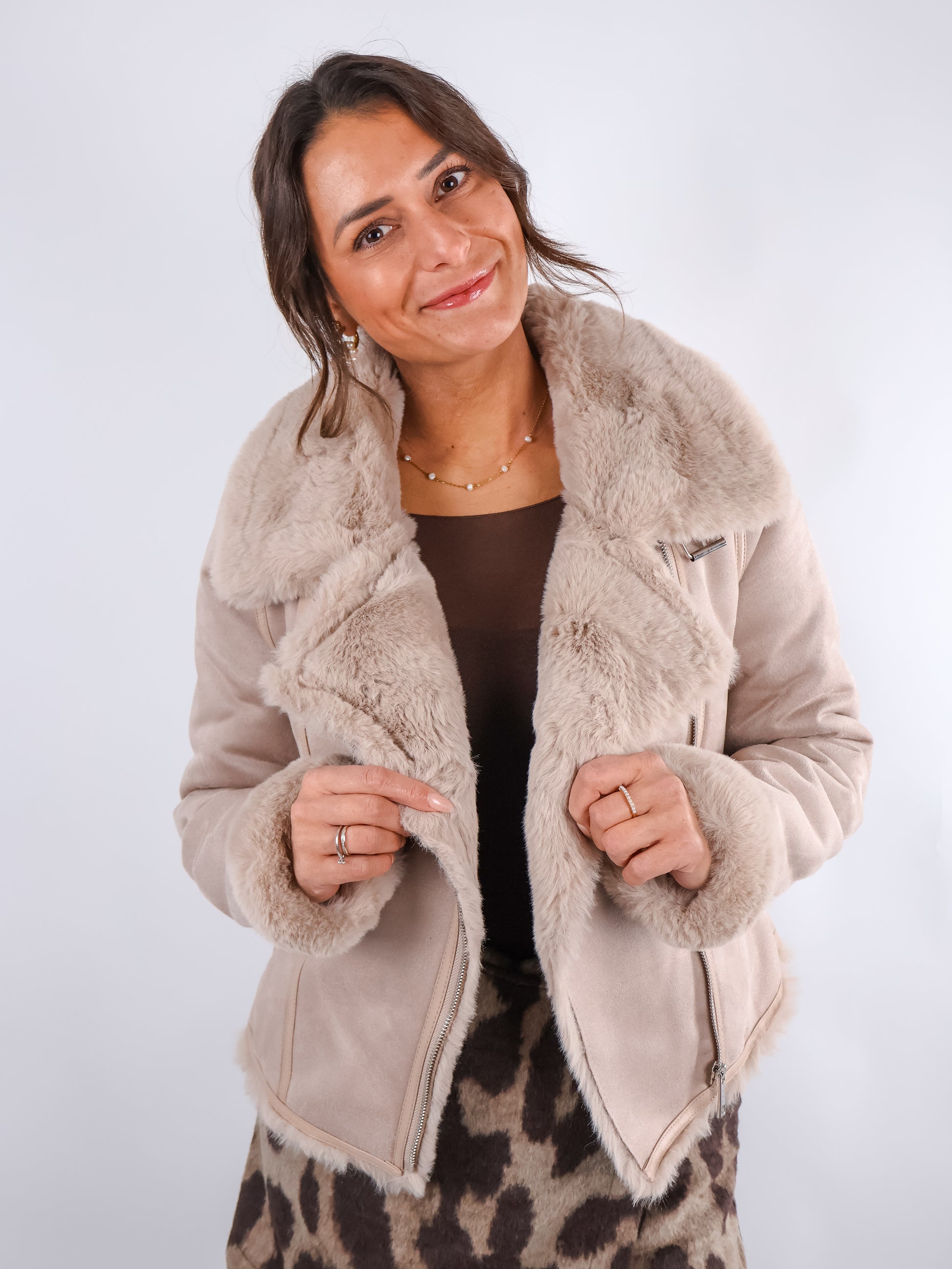 Rino & Pelle Bacia Faux Fur Biker Jacke Oat