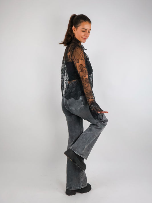 Spitzenbluse mit offenem Rücken Schwarz