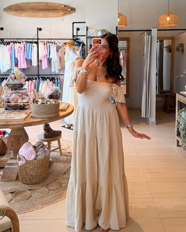 Maxi Musselin Kleid mit Volants und Flügelärmel Beige