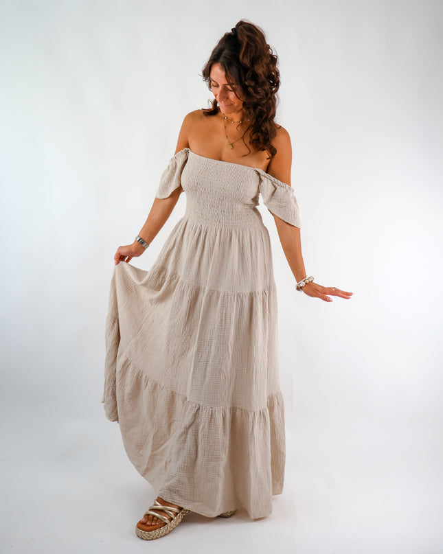 Maxi Musselin Kleid mit Volants und Flügelärmel Beige