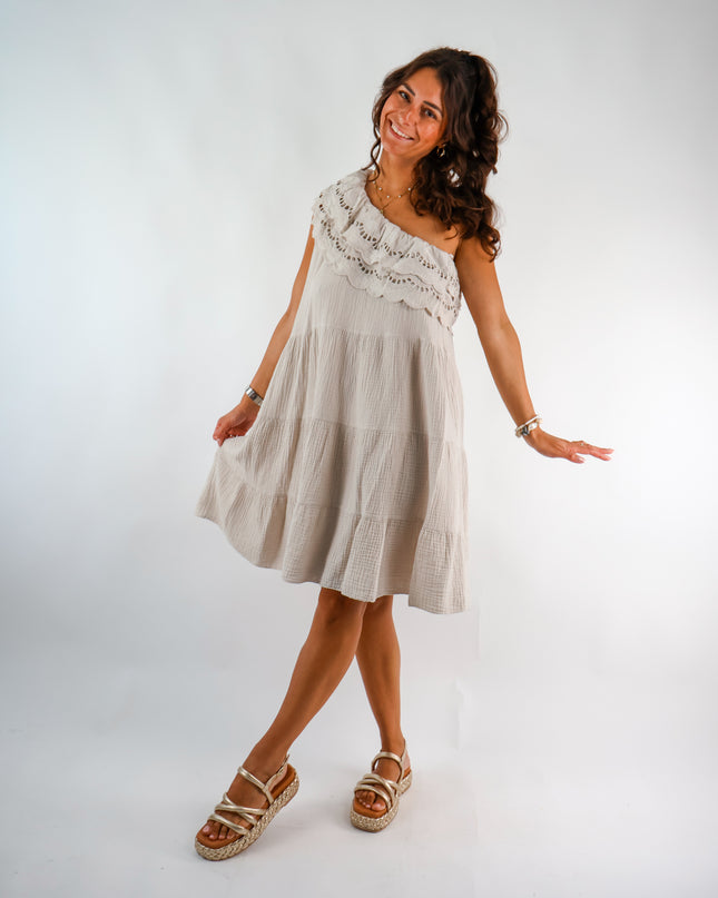 Oneshoulder Musselin Kleid Beige