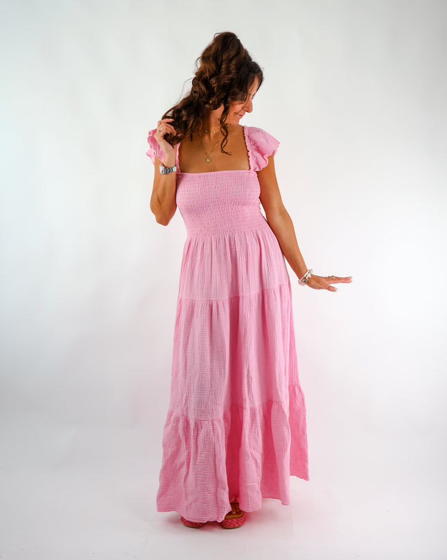 Maxi Musselin Kleid mit Volants und Flügelärmel Candy