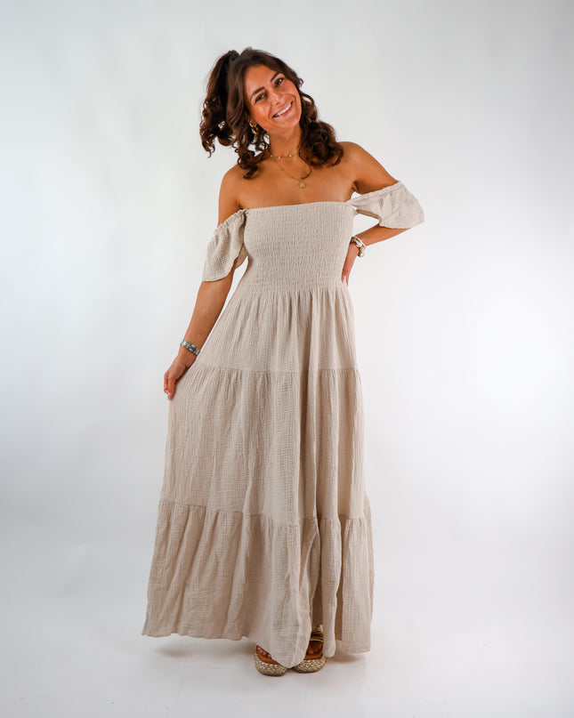 Maxi Musselin Kleid mit Volants und Flügelärmel Beige