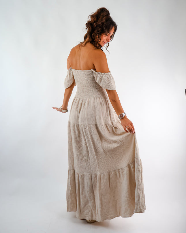 Maxi Musselin Kleid mit Volants und Flügelärmel Beige