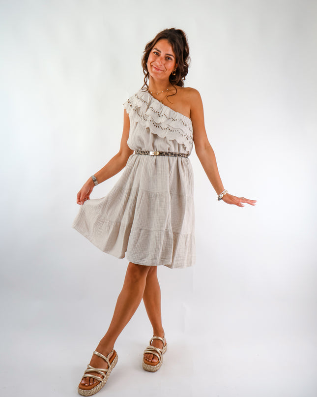 Oneshoulder Musselin Kleid Beige