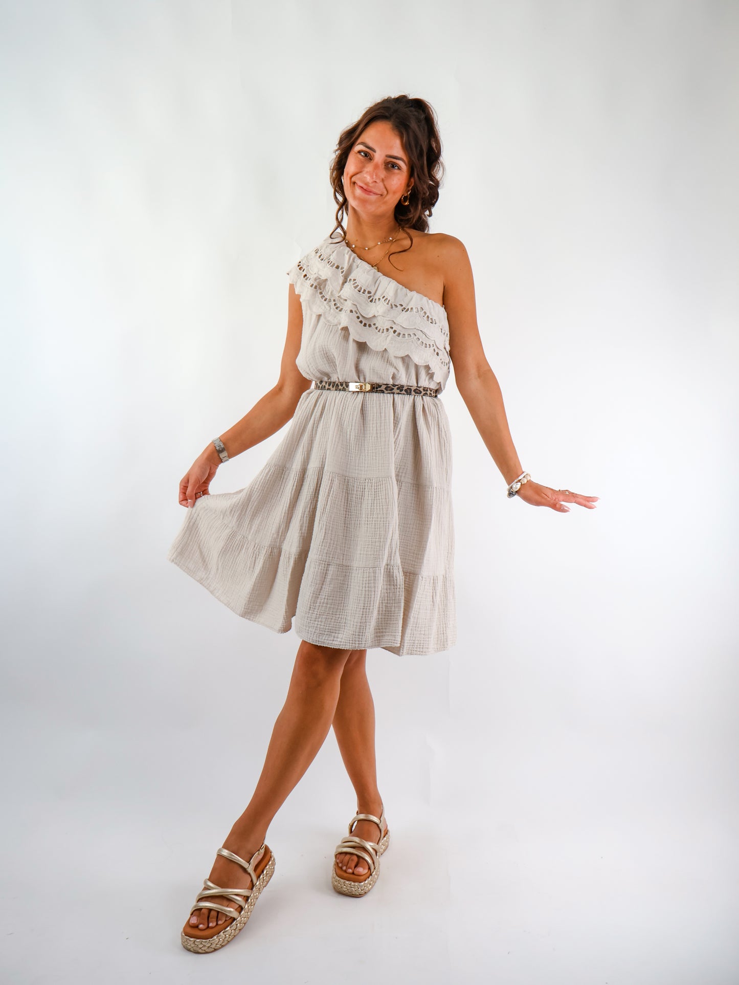 Oneshoulder Musselin Kleid Beige
