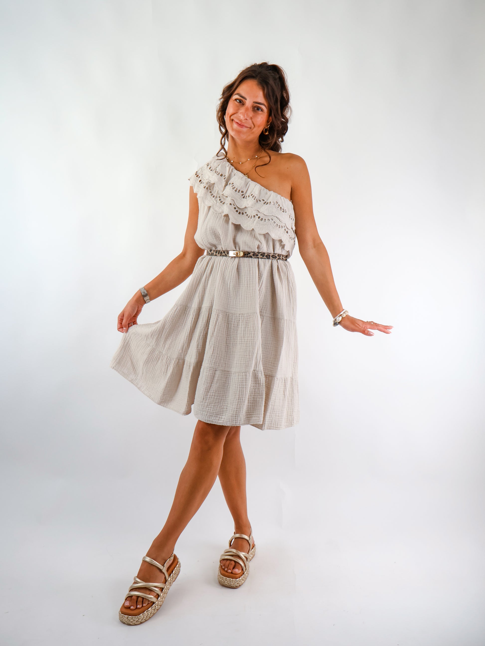 Oneshoulder Musselin Kleid Beige
