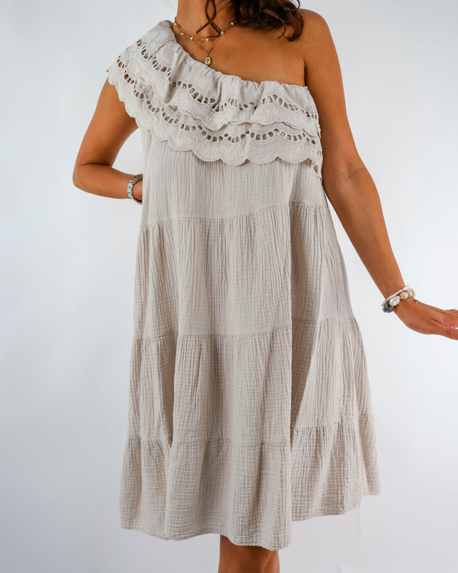 Oneshoulder Musselin Kleid Beige