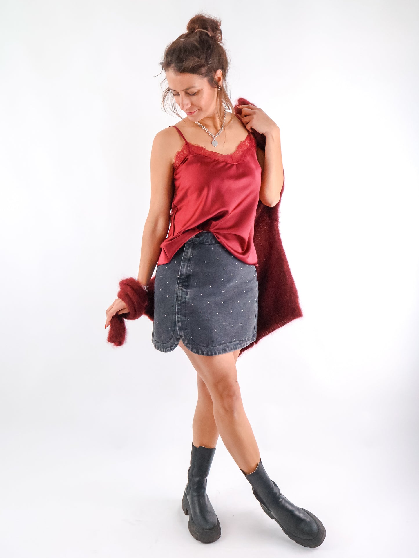 Satin Spitzentop Bordeaux