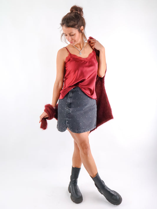 Satin Spitzentop Bordeaux