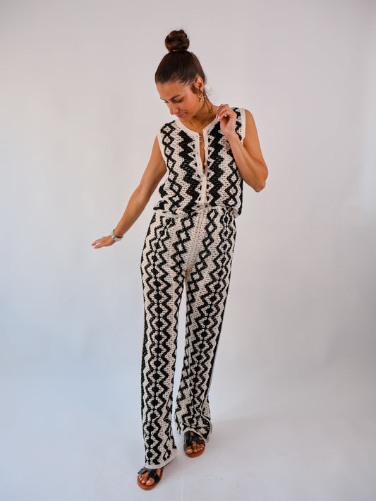 Boho Hose Creme-Schwarz