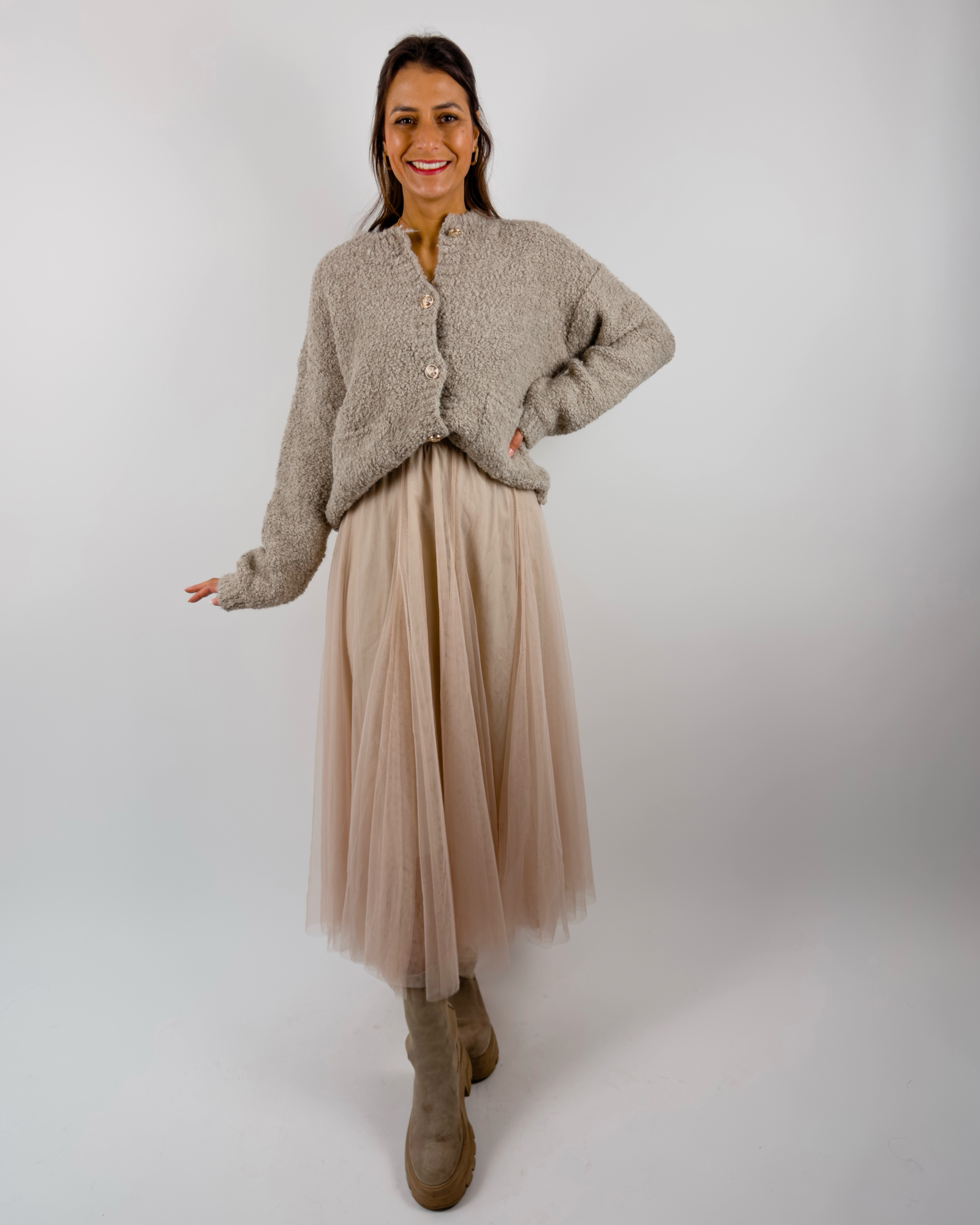 Boucle Strickjacke Taupe