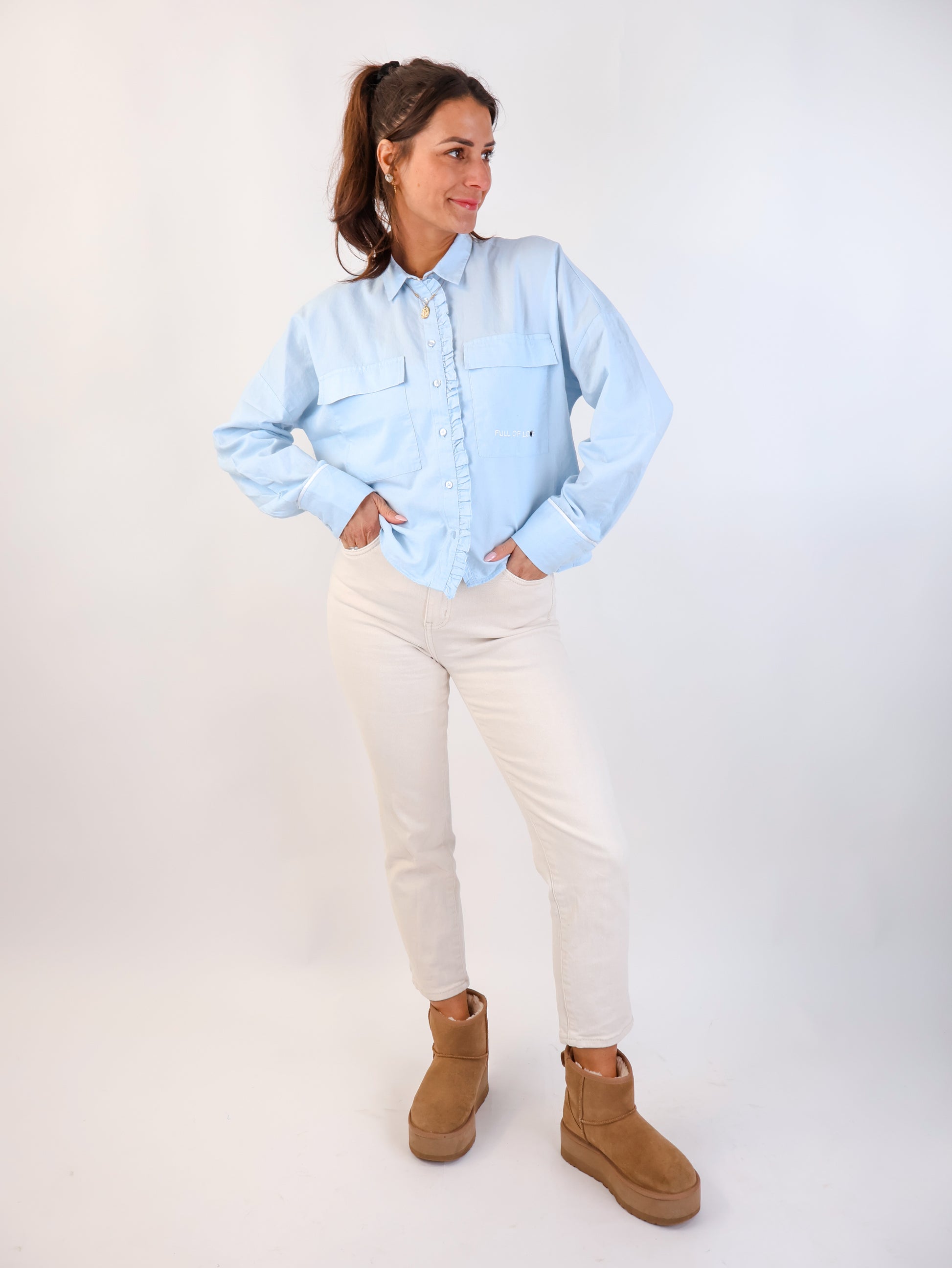 Smith&Soul Cropped Ruffle Oxford Bluse Sky