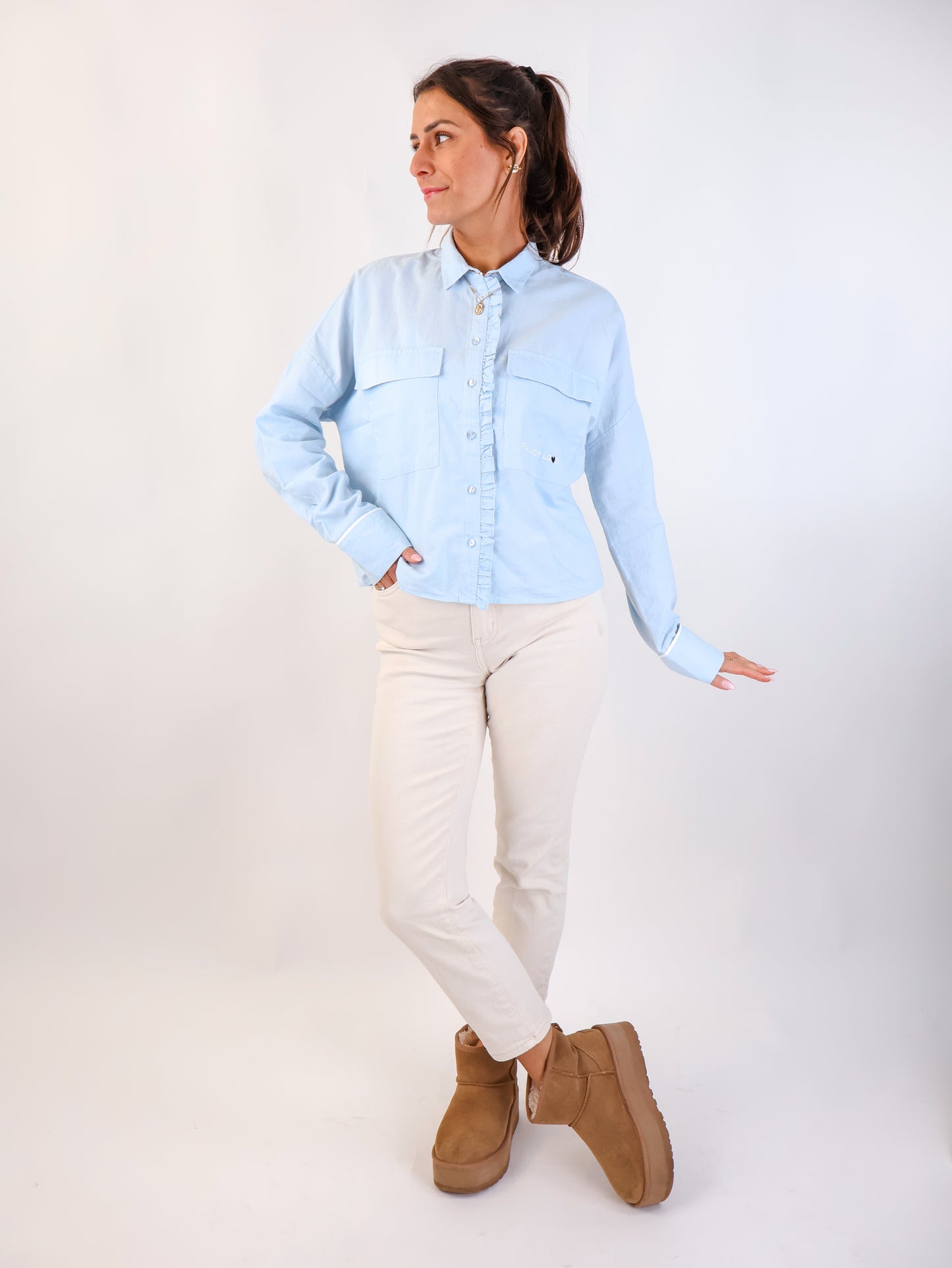 Smith&Soul Cropped Ruffle Oxford Bluse Sky