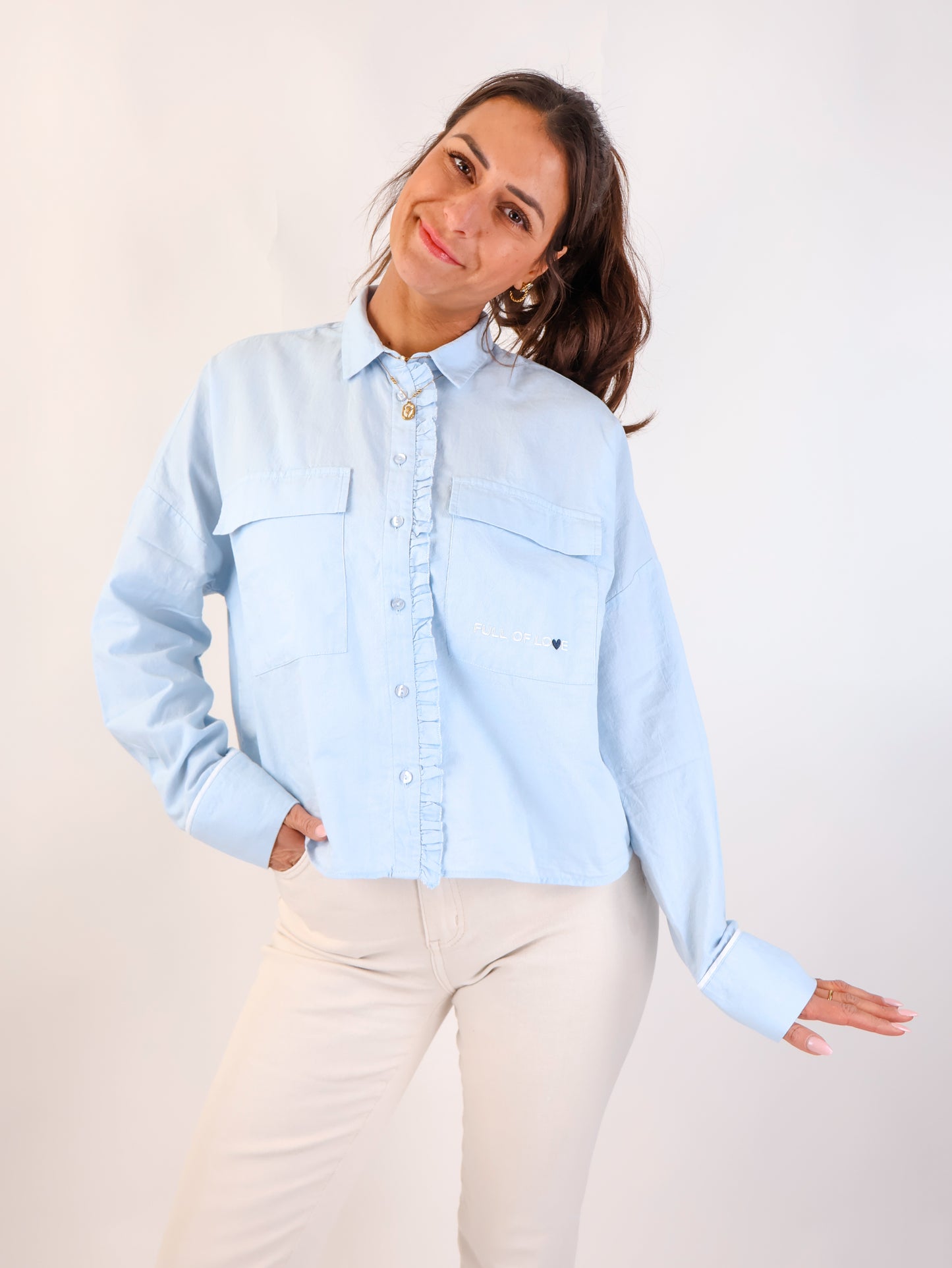 Smith&Soul Cropped Ruffle Oxford Bluse Sky
