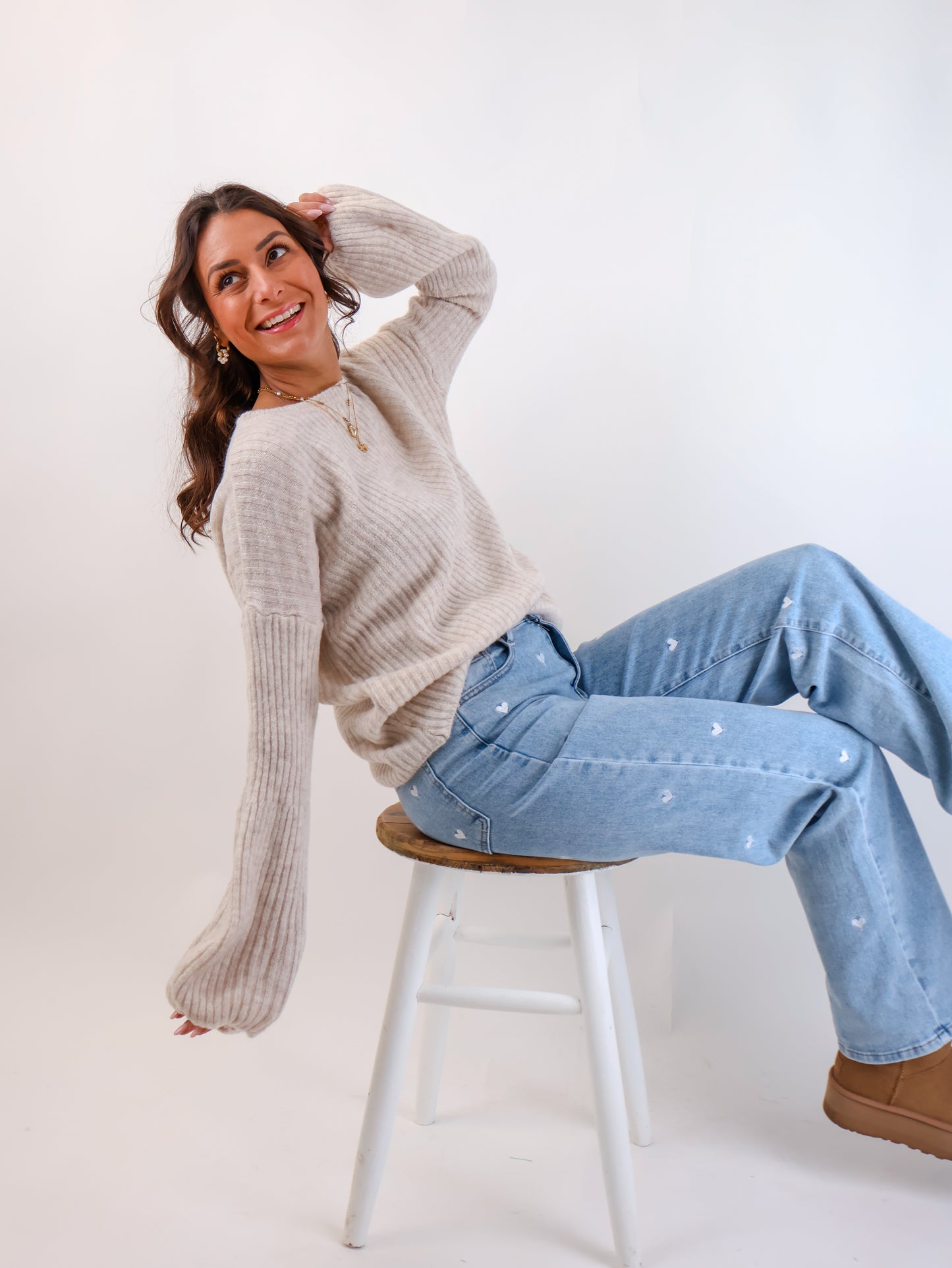 Molli Wollpullover mit Ballonärmeln Creme