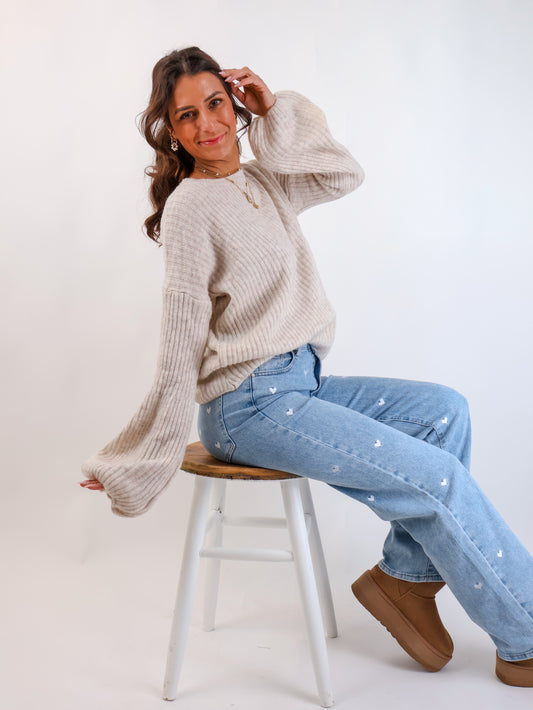 Molli Wollpullover mit Ballonärmeln Creme