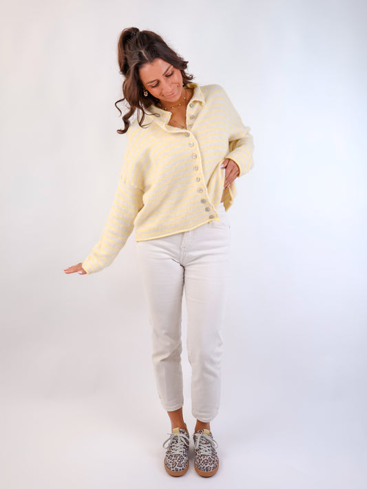 Highneck Stripe Cardigan Lemon